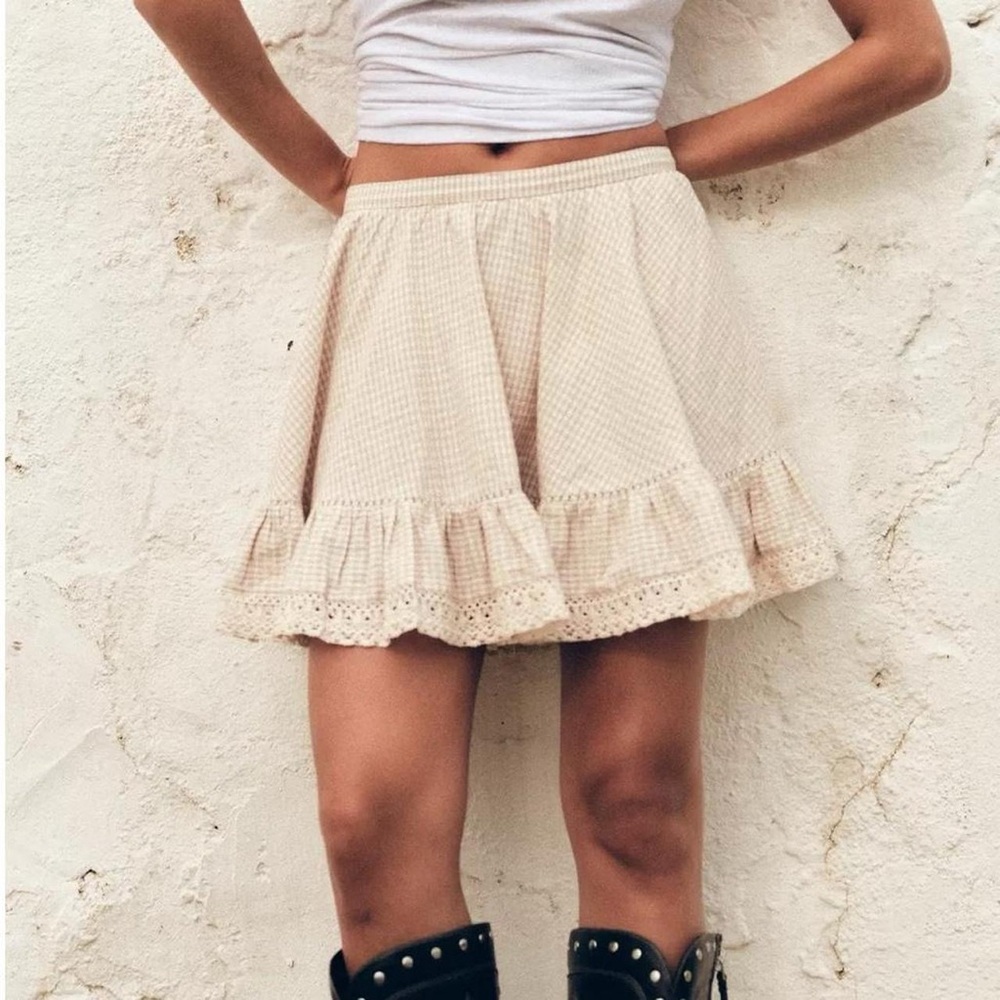 NWT Zara Plaid Gingham Ruffle Lace Frill Mini Skirt in Cream/Brown - S - Picture 3 of 8